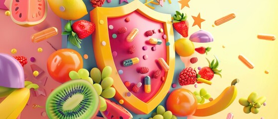 Fototapeta na wymiar Bright fruits and veggies surrounding a shield filled with supplements, depicting dietary choices , 3D illustration