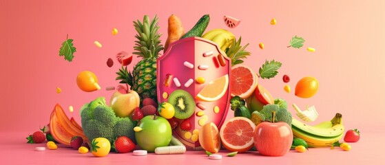 Obraz na płótnie Canvas Bright fruits and veggies surrounding a shield filled with supplements, depicting dietary choices , 3D illustration