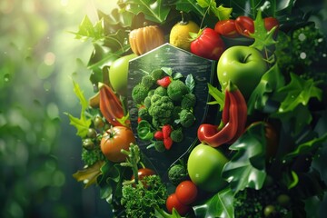 Bright produce encircling a shield of supplements, illustrating the divide between natural and fortified food , 3D illustration - obrazy, fototapety, plakaty