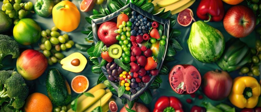 Bright fruits and veggies surrounding a shield filled with supplements, depicting dietary choices , 3D illustration