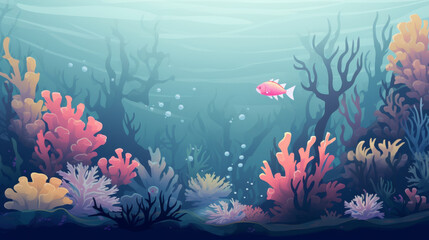 A serene underwater scene with colorful coral and graceful fish, sci-fi, Close-up, cinematic - obrazy, fototapety, plakaty
