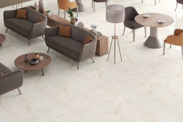 Modern cafe with beige marble walls and ceramic floor, round black table and sofa chairs along the window. 3D Rendering