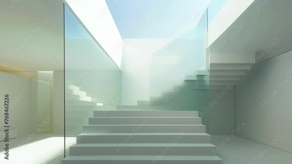 Poster a minimalistic staircase with a glass balustrade highlighted by natural light pouring in through a l