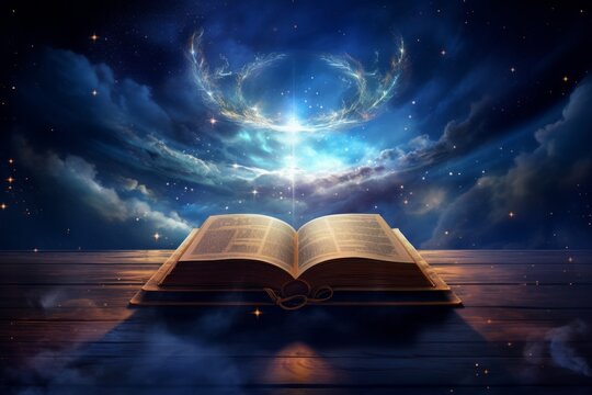 The open book with the glowing sky and stars is on an old wooden table. A dreamy atmosphere, with swirling clouds of smoke emanating from it, creating beautiful patterns in space. The background featu