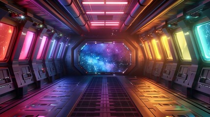 Empty observatory deck in a spacecraft, with stars outside tinting the room in a natural rainbow palette , 3D illustration - obrazy, fototapety, plakaty