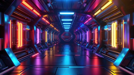Long, deserted corridor of a spacecraft, with rainbow lighting leading the way to the heart of the ship , 3D illustration - obrazy, fototapety, plakaty