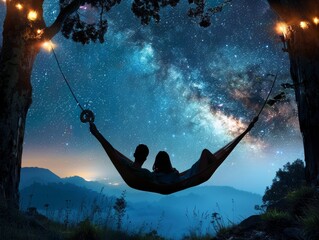 A couple stargazing under cozy night sky, romantic outdoor date illustration.
