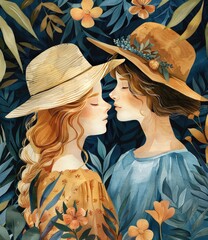 Artistic illustration of two sisters with a close bond, surrounded by an intricate floral pattern in a nature setting. - obrazy, fototapety, plakaty