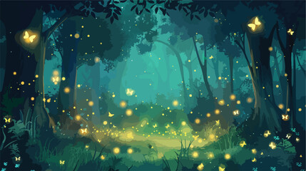 Fantasy firefly lights in the magical forest flat vector - obrazy, fototapety, plakaty