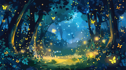 Fantasy firefly lights in the magical forest flat vector - obrazy, fototapety, plakaty
