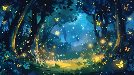 Fototapeten Fantasy firefly lights in the magical forest flat vector © Nobel