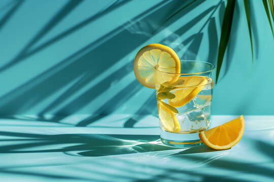 limonade avec des rondelles de citron jaune dans un verre transparent sur un fond bleu vert vif avec les ombrages de feuilles. Boissons rafra&icirc;chissantes pour l'&eacute;t&eacute; espace n&eacute;gatif copy space