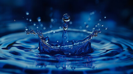 Liquid Jewel: Water Droplet Unleashes Ripples in Pure Blue Serenity - obrazy, fototapety, plakaty