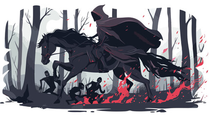 Fantasy horseman in a hood fighting zombies in dark 