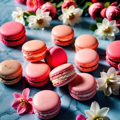 Fototapeta na wymiar Pink macaroons with flowers on pastel blue background, traditional french confectionery
