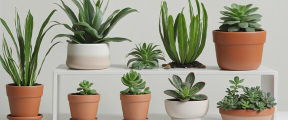 collection of succulents in various pots isolated on a transparent background colorful background