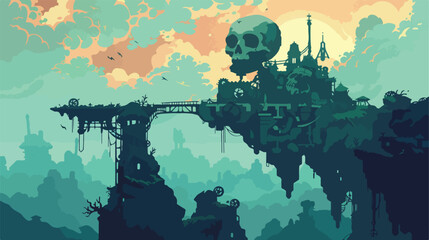 fantasy landscape with a steampunk skull flat vector 