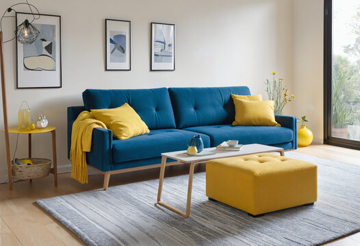 Living room interior mockup with blue sofa and yellow accessories colorful background