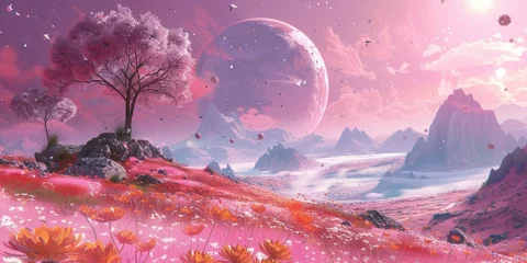 Photo sur Aluminium Rose clair Otherworldly landscape of Banh Chung trees, Horse Mackerel fish, stardust, and Paella flowers on an alien planet under a pink sky - surreal and enchanting scene.
