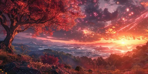 Otherworldly Glow: Surreal scene with luminous foliage and vivid sky streaked with gamma rays in ultra-realistic detail. - obrazy, fototapety, plakaty