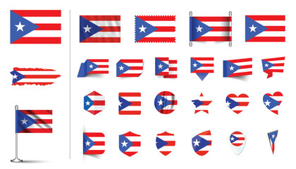 set of Puerto Rico flag, flat Icon set vector illustration. collection of national symbols on various objects and state signs. flag button, waving, 3d rendering symbols