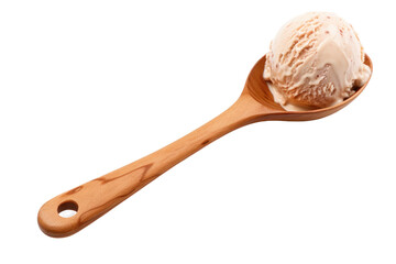 A wooden spoon holding a scoop of creamy ice cream showcasing its smooth texture and delicious appeal. The contrast between the rich dessert and rustic spoon. Isolated on a Transparent Background PNG. - obrazy, fototapety, plakaty