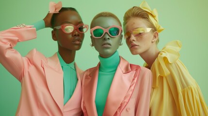 Three models pose in retro-inspired haute couture outfits against a light green backdrop. The clothing, made from minimal fabrics, features hues of salmon-pink and pastel blue, evoking a retro vibe