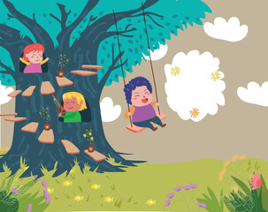 vector illustration of children playing in the park and swinging under the tree in spring