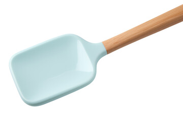 A blue spatula with a wooden handle. The spatula appears sturdy and functional, suitable for various cooking tasks. Isolated on a Transparent Background PNG. - obrazy, fototapety, plakaty