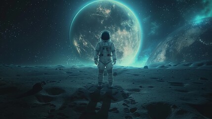 Astronaut Standing on Moon Surface with Earth Background - obrazy, fototapety, plakaty