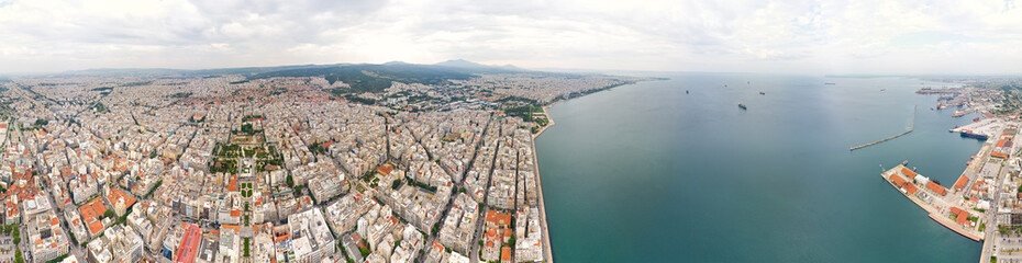 Thessaloniki, Greece. Panorama of the city and port. Cloudy weather. Panorama 360. Aerial view