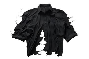 A black shirt torn in half, clearly showing the split seam and frayed edges. The fabric appears damaged and can no longer be worn as intended. Isolated on a Transparent Background PNG. - obrazy, fototapety, plakaty