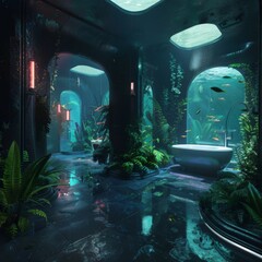 Futuristic underwater greenhouse habitat. An imagined underwater greenhouse teeming with plant life exudes a sense of discovery, sustainability, and mysterious depths