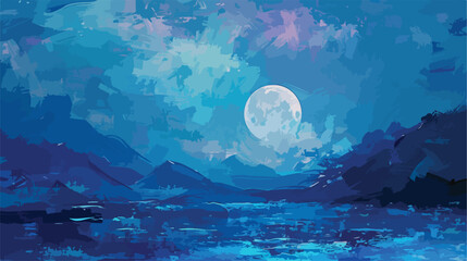 Full moon and mountains landscape digital painted art