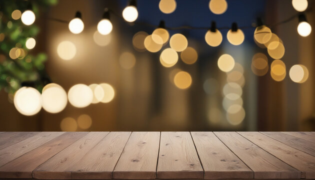 Empty Wooden Table With Background Lights Out Of Focus Colorful Background