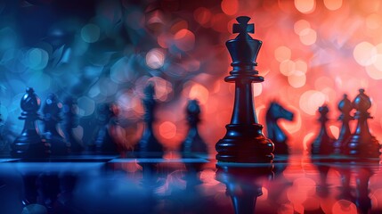 Chess king standing tall among pawns on an abstract background, illustrating strategic leadership and individual authority 