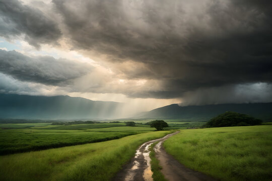 A country road with rain clouds background