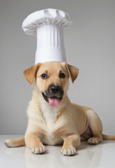puppy with a chef hat colorful background