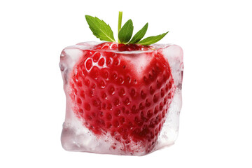 A ripe red strawberry placed beside two heart shaped ice cubes in a clear glass. The ice is slowly melting, causing droplets of water to form. Isolated on a Transparent Background PNG. - obrazy, fototapety, plakaty