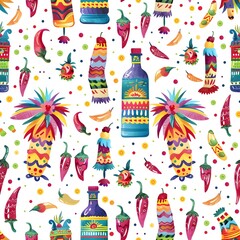 Cute, colorful Mexican fiesta pattern with tequila bottles and pinata