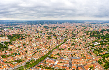 Florence, Italy. General view of the city on a cloudy day. Aerial view