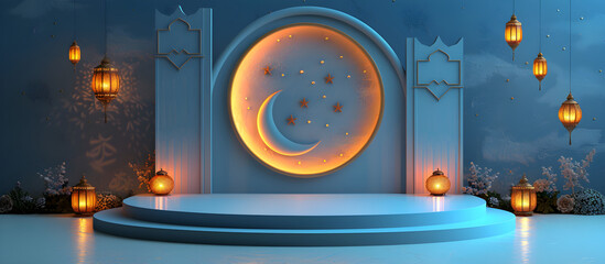 Islamic Ramadan Kareem display with 3D Arabian lantern and crescent moon, suitable for religious events and cultural celebrations - obrazy, fototapety, plakaty