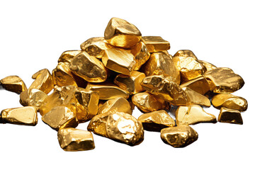 A collection of shiny gold nugget. Each nugget reflects the light, showcasing its natural brilliance and unique texture. The nuggets vary in size and shape. Isolated on a Transparent Background PNG.