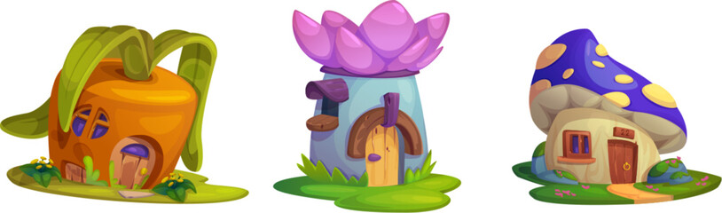 Mushroom house for cute fantasy fairy tale cartoon. Fairytale gnome, dwarf and elf home set. Funny cottage with garden, window, door and roof. Isolated miniature little magic hut for story landscape - obrazy, fototapety, plakaty