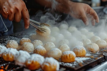 Luqaimat is a traditional Arabic dessert of sweet dumplings enjoyed during Ramadan, cooking on the market, close-up