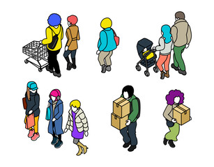 Set of Isometric people, Included Shopper and Family, People who carrying cardboard boxes