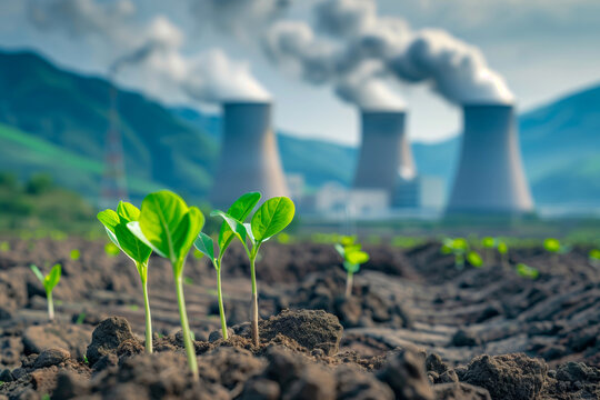 Young plants emerging from the earth with a nuclear power plant emitting smoke in the background, illustrating the contrast between nature and industrial impact. The image symbolizes hope and environm