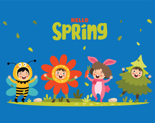 "Experience the vibrant essence of spring with our 'Hello Spring' vector featuring adorable children adorned in whimsical costumes surrounded by cheerful flora. Dive into a world of joy and freshness!