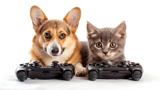 cat and dog sitting together and playing vedio game, generative Ai