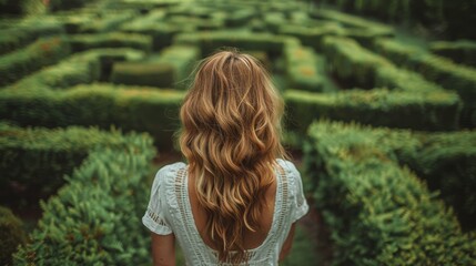 From behind, a woman with flowing hair stands at the entrance of a lush green maze, contemplating which path to take. - obrazy, fototapety, plakaty